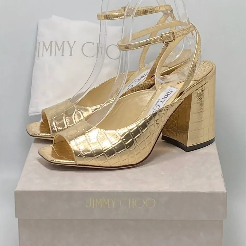 Jimmy Choo Jassidy Croc-Embossed Metallic Leather Sandals size 37.5